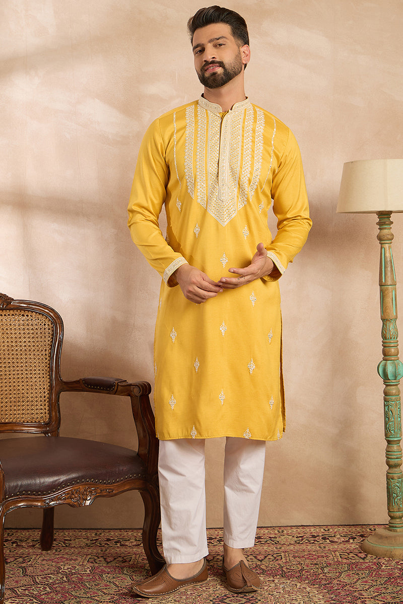 Yellow Silk Blend Geometric Embroidered Straight Kurta With Trouser | SHOBITAM