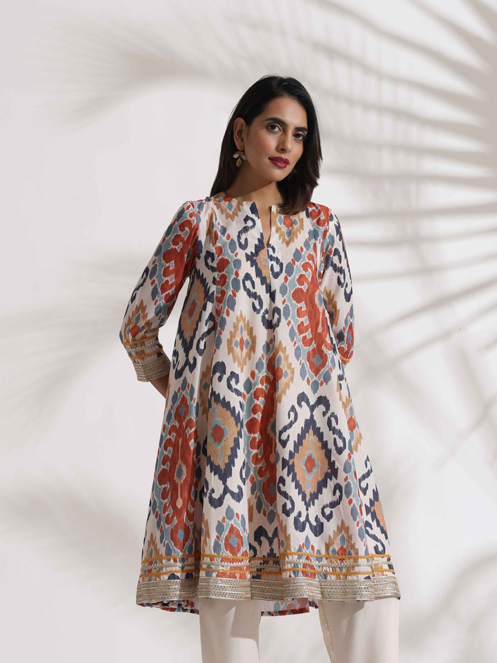 Off White Ikat Print Anarkali Kurta Co-ord Set | SHOBITAM