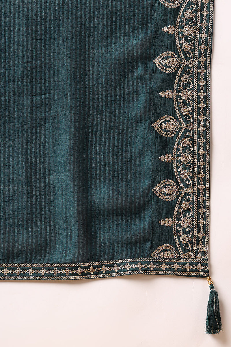 Green Silk Blend Solid Embroidered Straight Suit Set | SHOBITAM