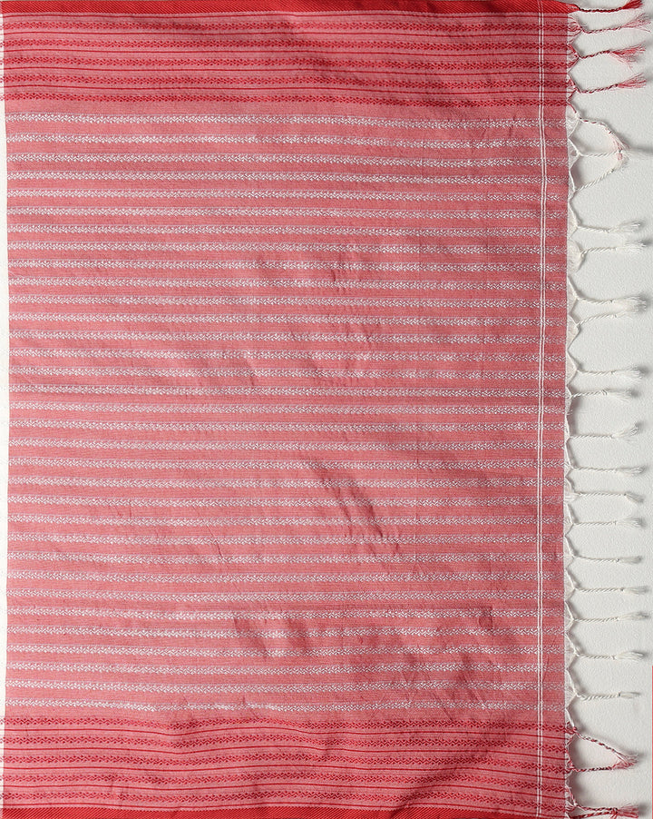White Red Cotton Saree with Blouse piece | SHOBITAM