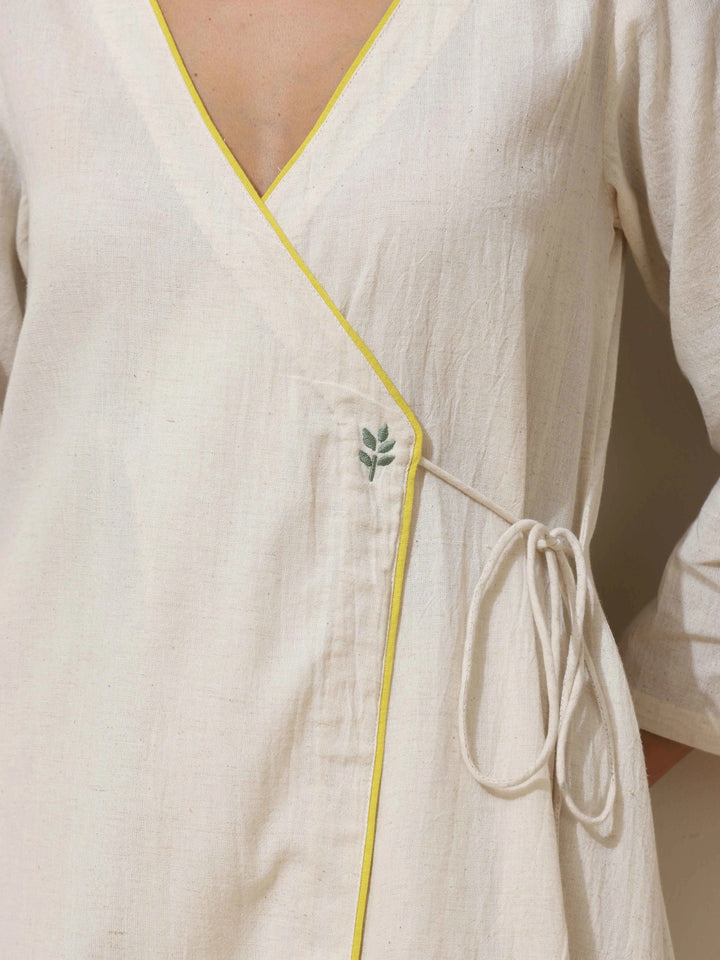 Off White Cotton Linen Angrakha Kurta Pant Set | SHOBITAM