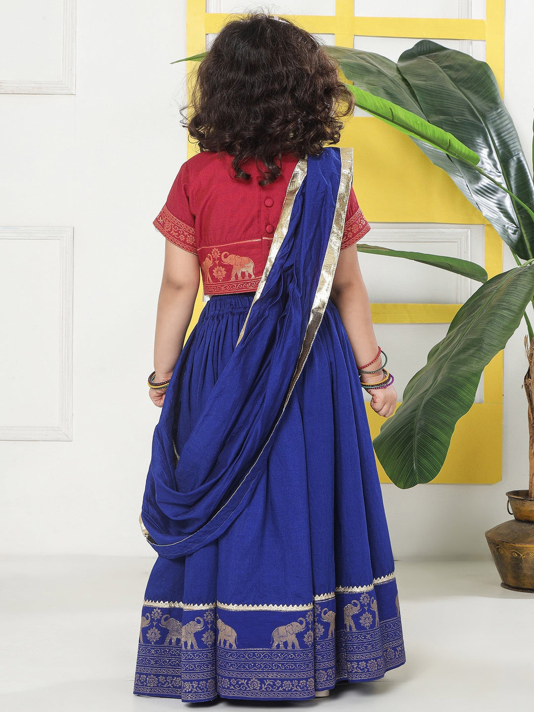 Blue Elephant Zari Embroidery Chanderi Cotton Lehenga with Stitched Red Blouse Set | SHOBITAM