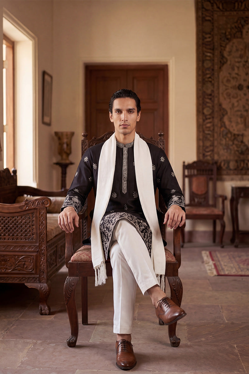 Men Black Silk Blend Solid Embroidered Straight Kurta Sets  | SHOBITAM