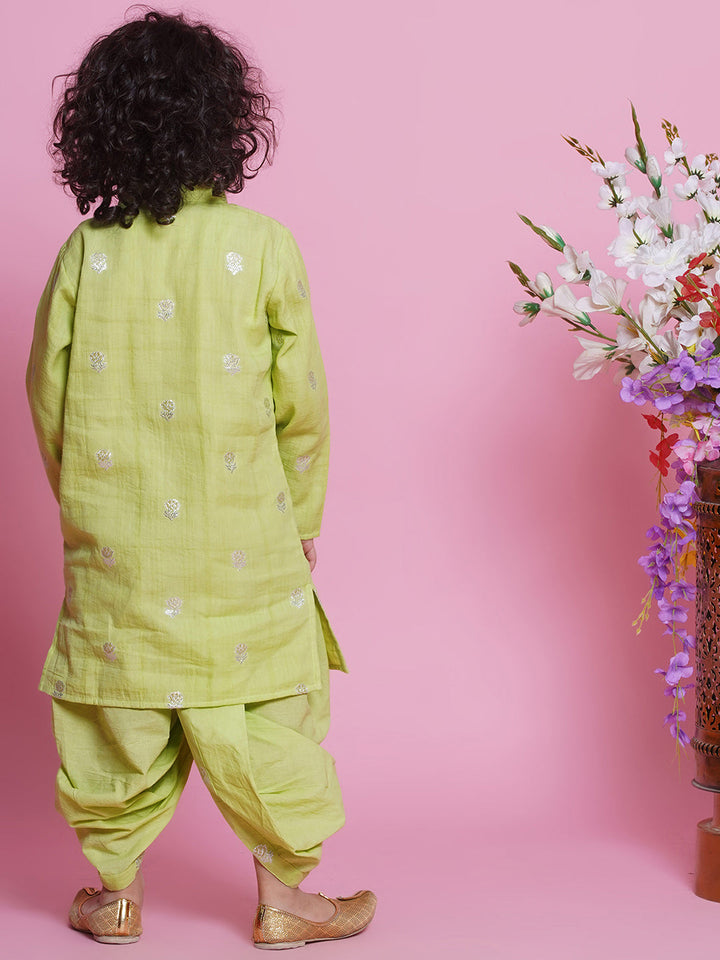 Cotton Full Sleeves Rose Zari Embroidered Kurta with Dhoti -Fern Green | SHOBITAM