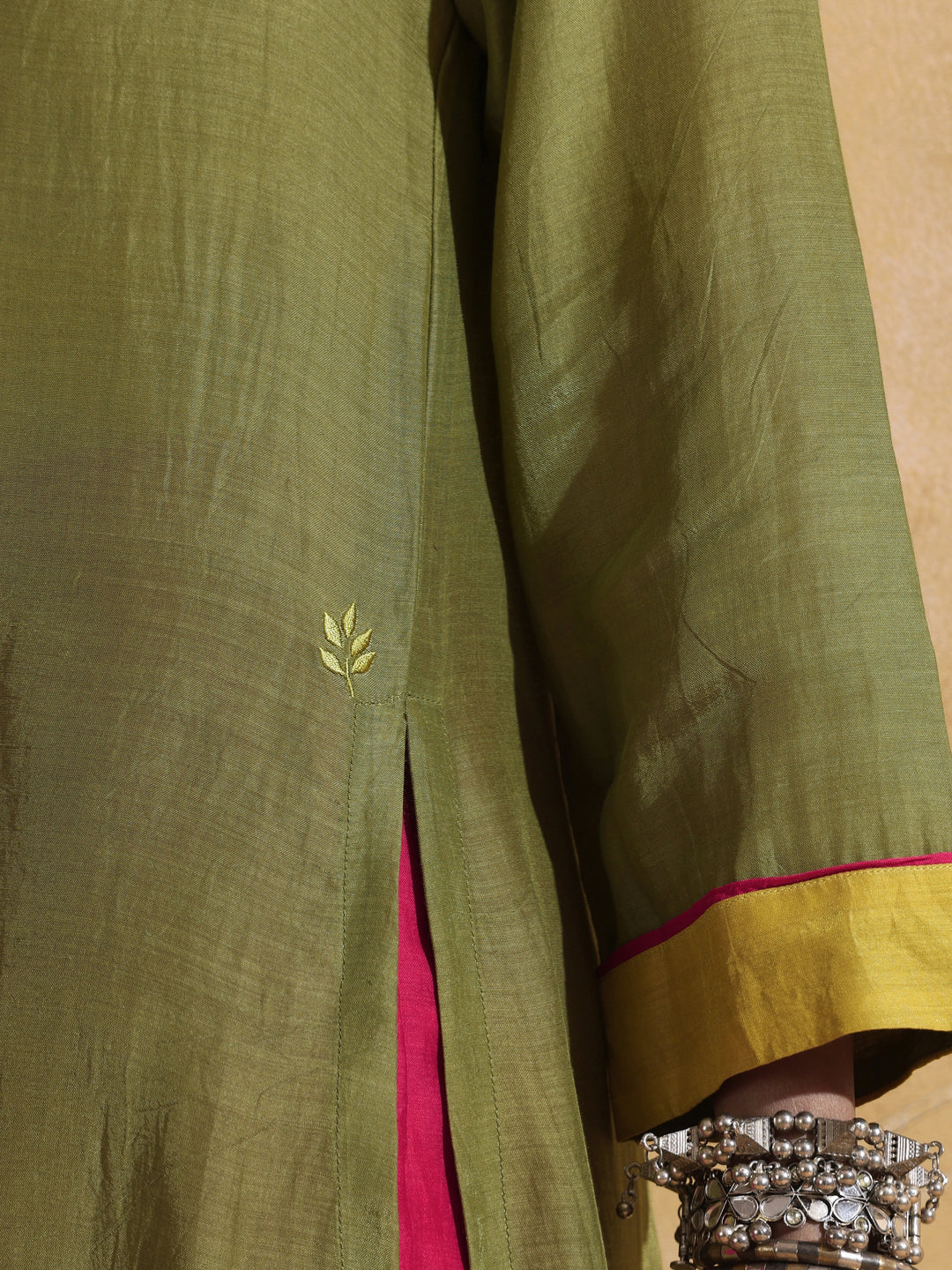 Green Muslin Silk High-Slit Kurta Pant Set  | SHOBITAM
