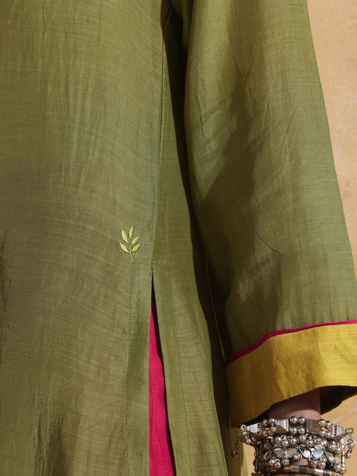 Green Muslin Silk High-Slit Kurta Pant Set  | SHOBITAM