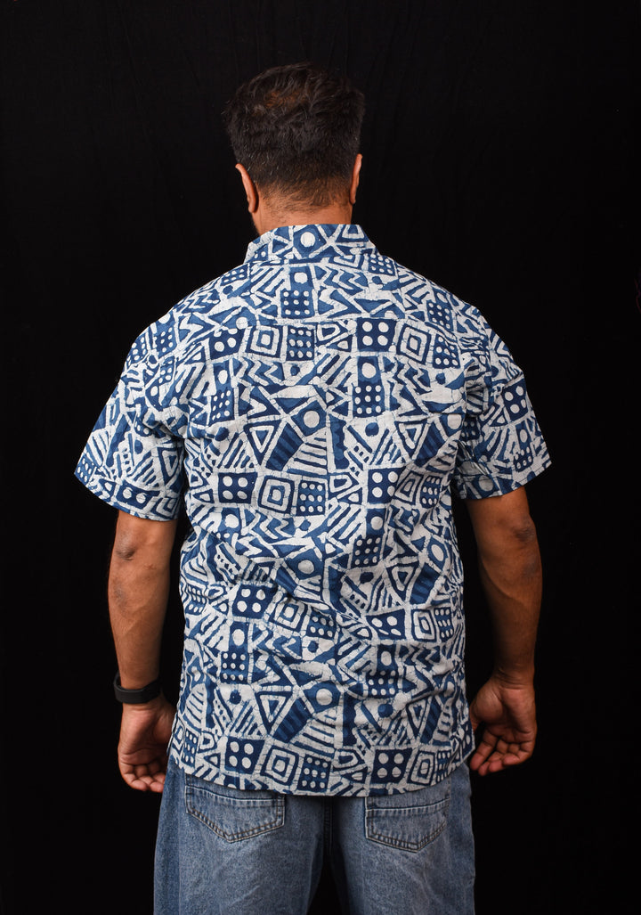 Indigo White Handblock Printed Cotton Mens Shirt Raasleela