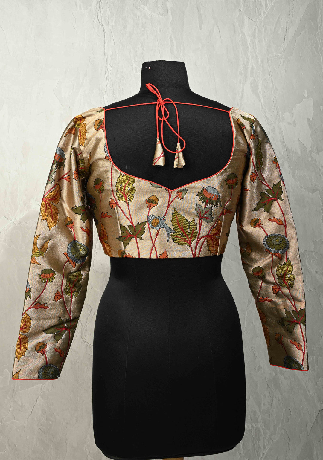 SIZE 36" Bronze Semi Paithani Style Tissue Silk Leaf Neckline with Meenakari Fauna Brocade and Full Sleeves Blouse