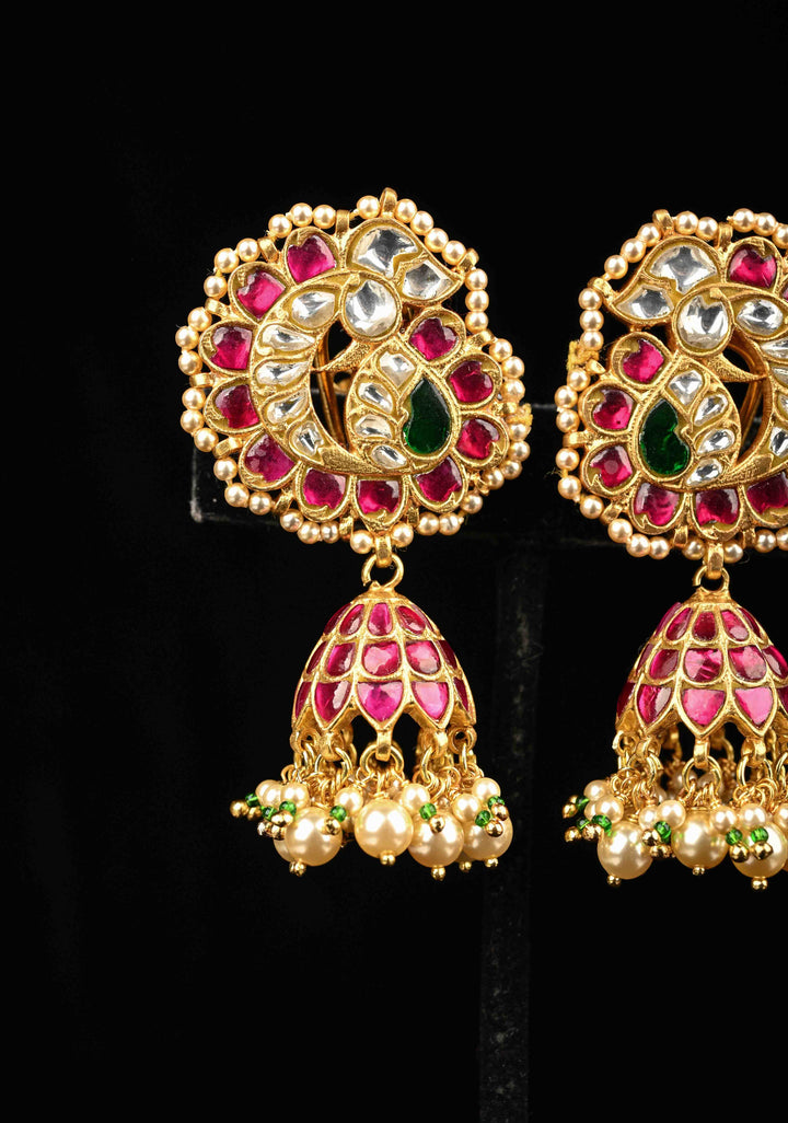 92.5 Pure Silver, 24 Ct Gold Plated Peacock Stud Jadau Jhumkas
