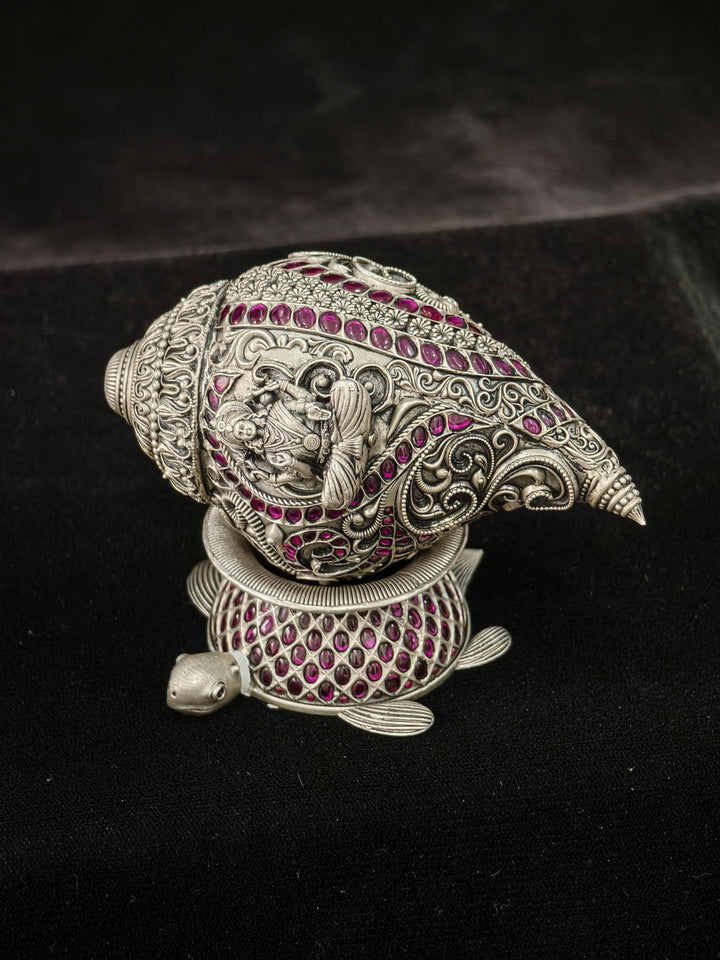 Pure 92.5 Silver Lakshmi Conch Shell with Turtle Stand, embellished with stones
