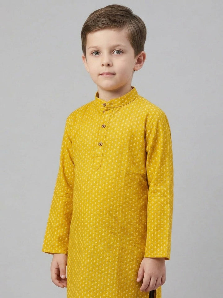 Boys Mustard Yellow Printed Mandarin Collar Cotton Kurta Set | SHOBITAM