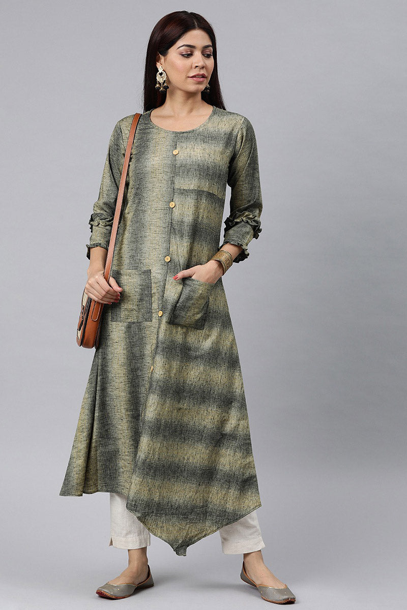 Grey And Beige Striped A Line Panelled Kurta with pockets  | SHOBITAM