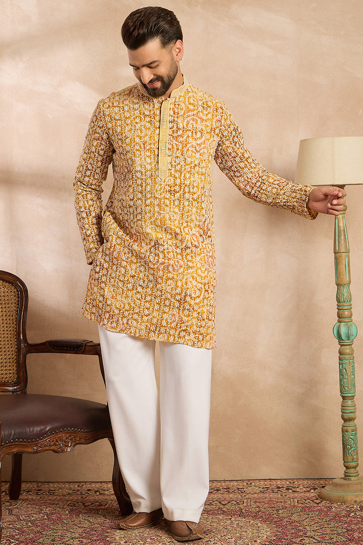 Yellow Viscose Rayon Batik Embroidered Straight Kurta With Trouser | SHOBITAM