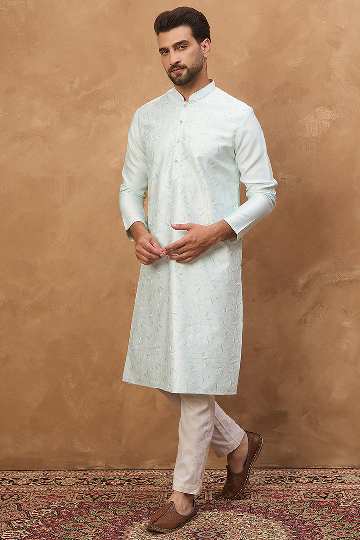 Blue Silk Blend Solid Embroidered Straight Kurta | SHOBITAM
