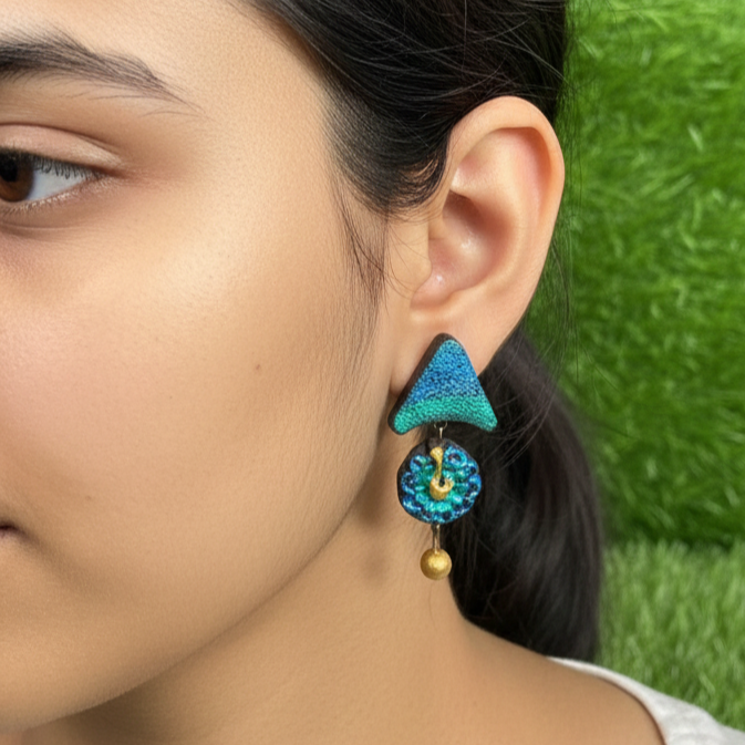 Handmade Blue Green Terracotta Necklace Set – Premium Festive Temple Jewellery for Saree| SHOBITAM