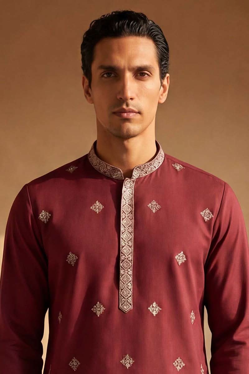 Silk Blend Maroon Solid Embroidered Calf Length Straight Kurta | SHOBITAM