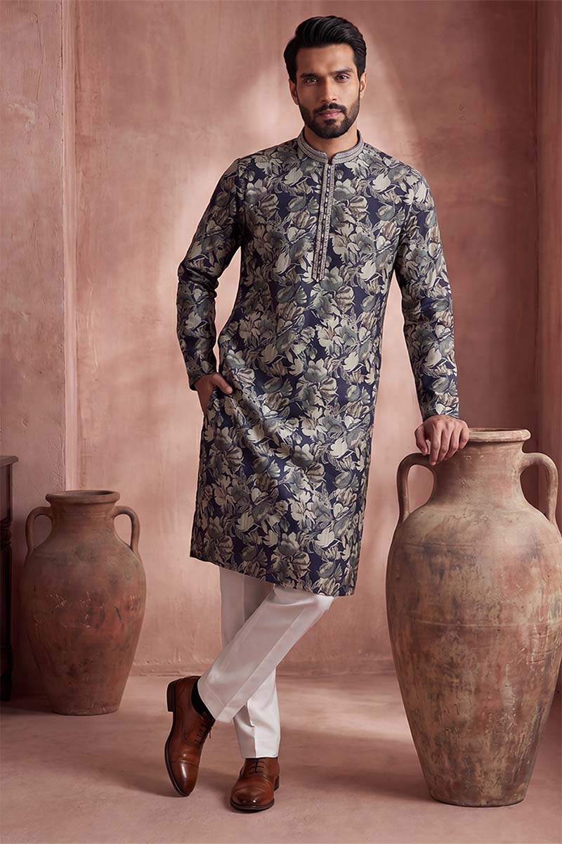 Mens Blue Viscose Rayon Floral Printed Kurta With Trousers | SHOBITAM