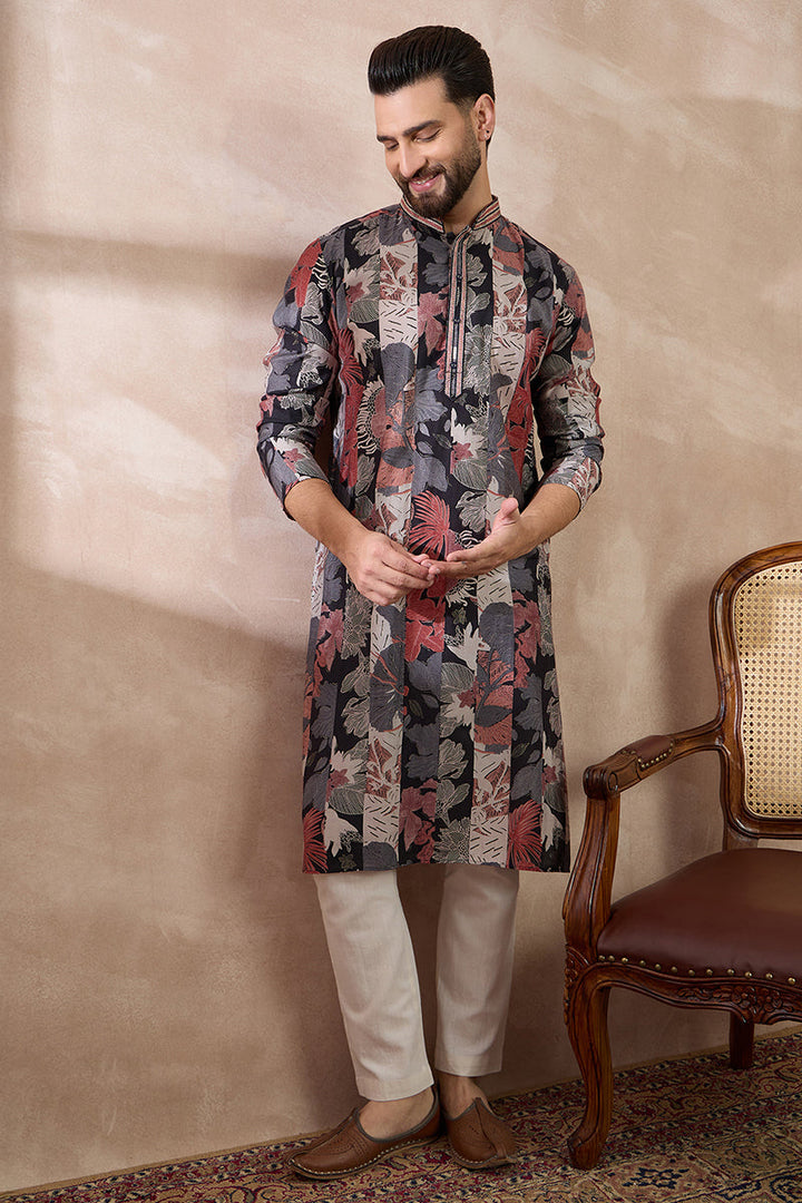 Black Silk Blend Printed Mandarin Collar Straight Kurta With Trouser | SHOBITAM