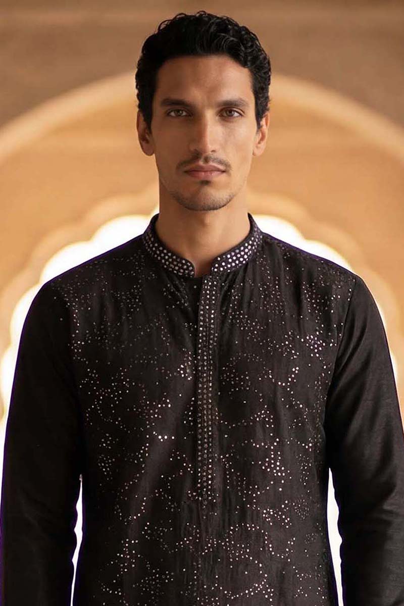 Silk Blend Black Solid Embroidered Calf Length Straight Kurta | SHOBITAM