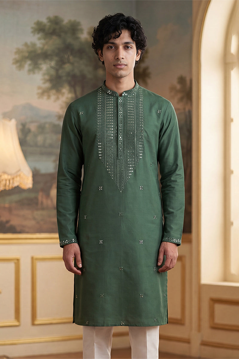 Mens Green Silk Blend Solid Emboidered Sequins Kurta With Trouser | SHOBITAM
