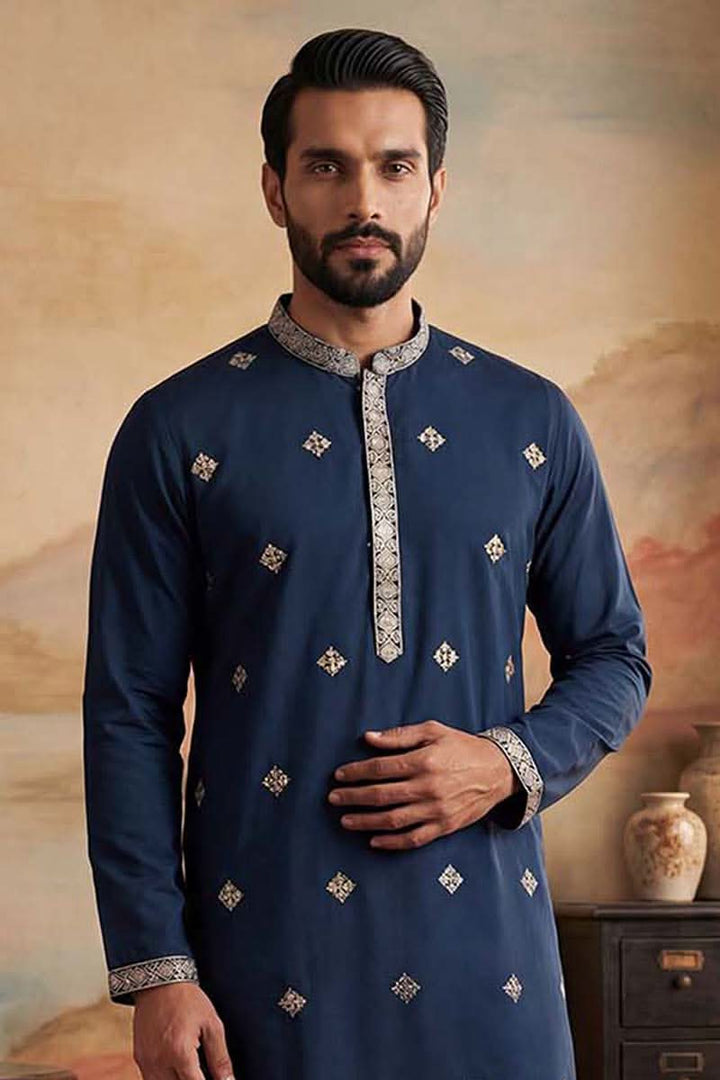 Silk Blend Blue Solid Embroidered Calf Length Straight Kurta | SHOBITAM