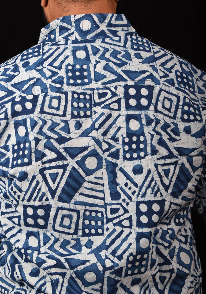 Indigo White Handblock Printed Cotton Mens Shirt Raasleela