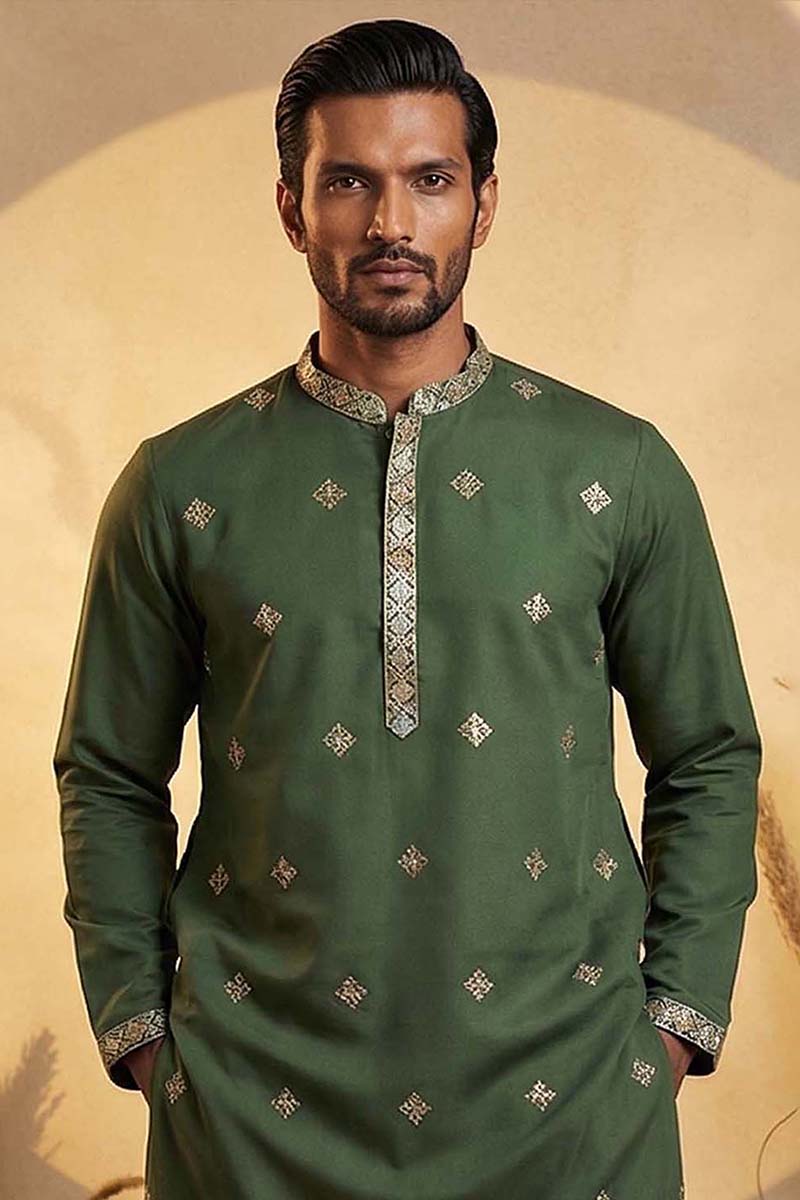 Silk Blend Green Solid Embroidered Calf Length Straight Kurta | SHOBITAM