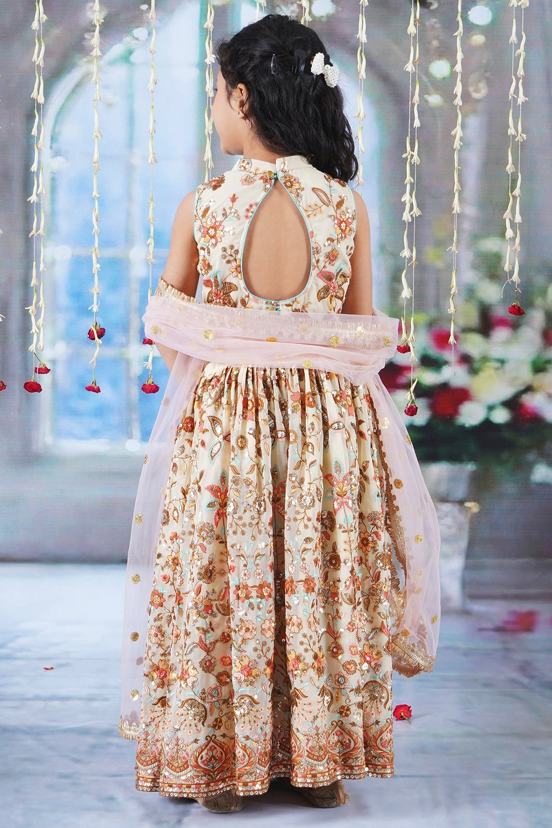 Girls Floral Embrodiery Lehenga with Blouse and Lacework Dupatta | SHOBITAM