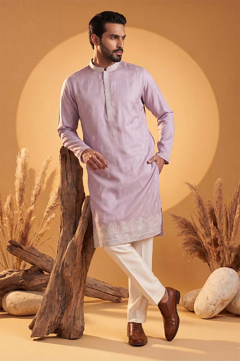 Mens Lavender Silk Blend Solid Embroidered Kurta With Trousers | SHOBITAM