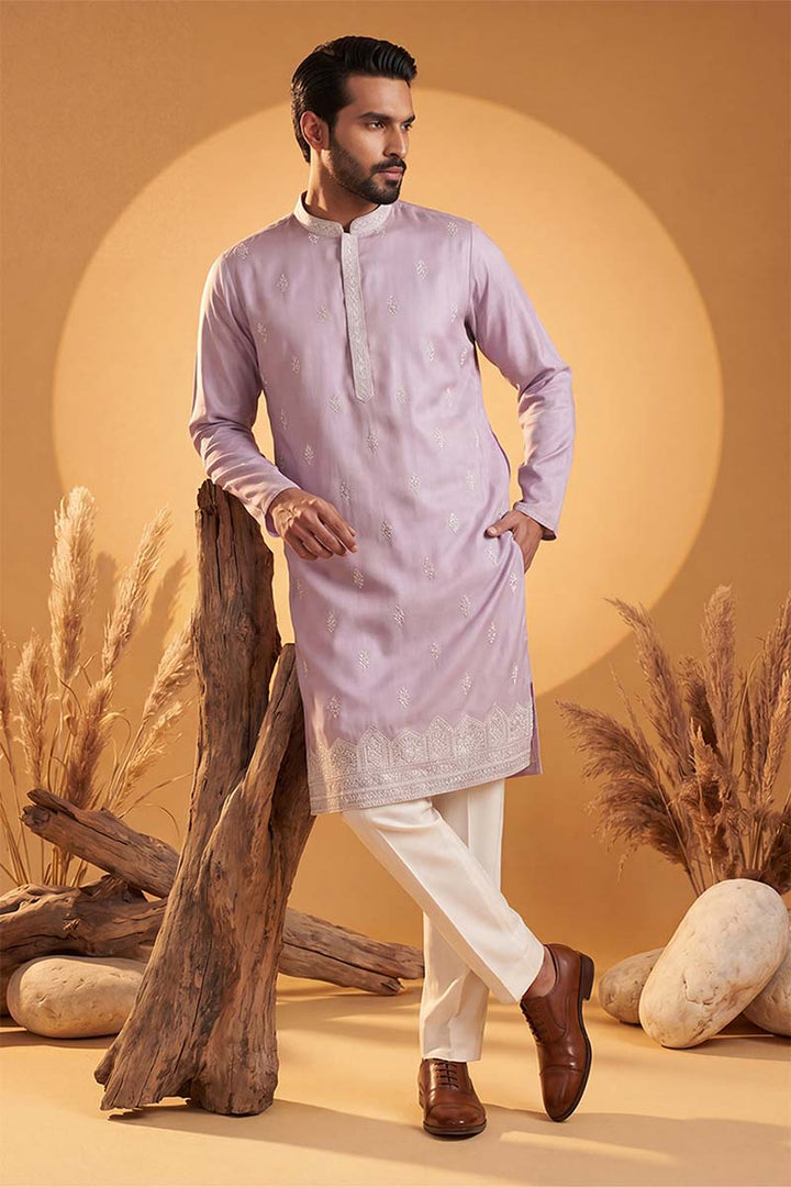 Mens Lavender Silk Blend Solid Embroidered Kurta With Trousers | SHOBITAM