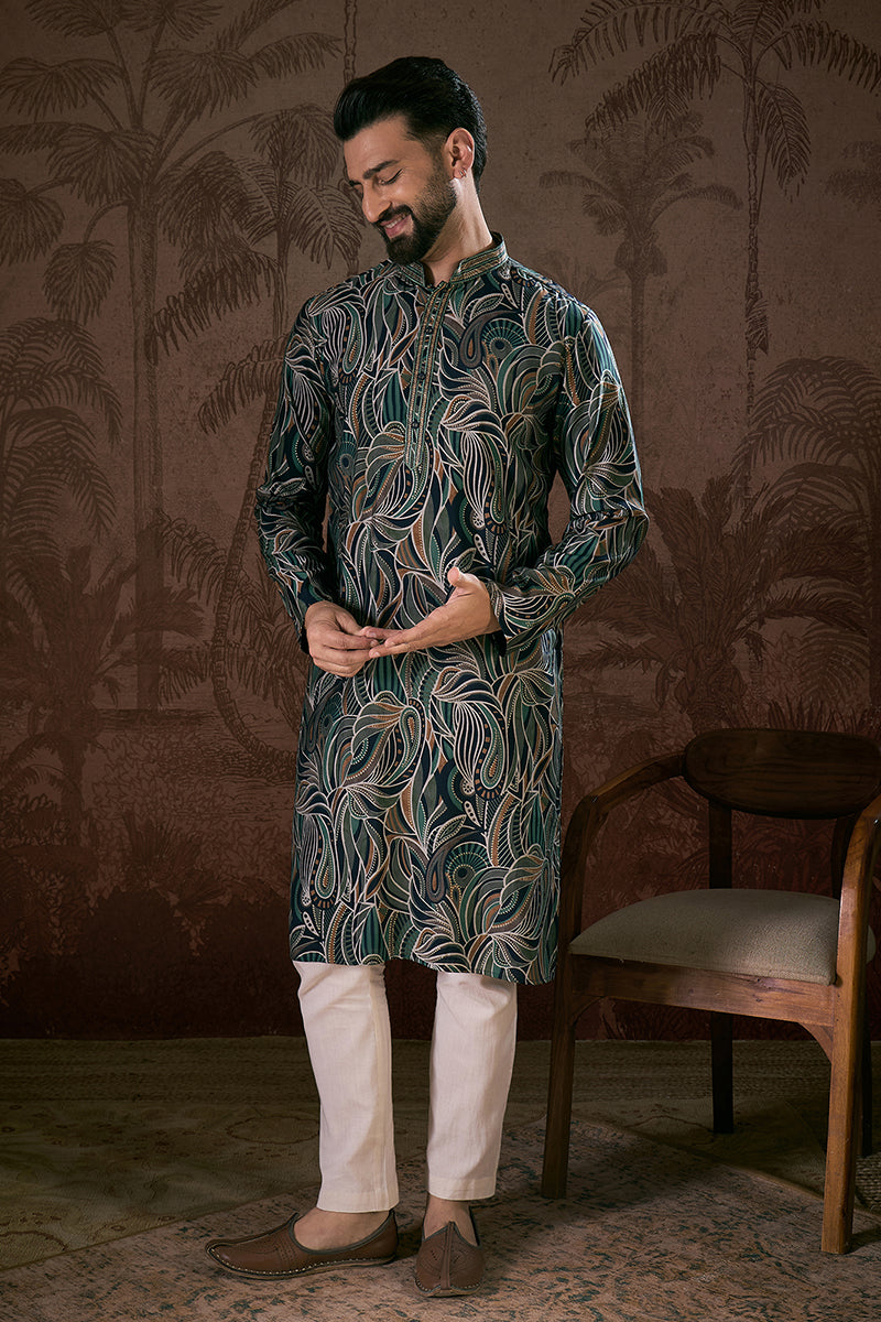 Navy Blue Silk Blend Abstract Printed Straight Kurta For Men | SHOBITAM