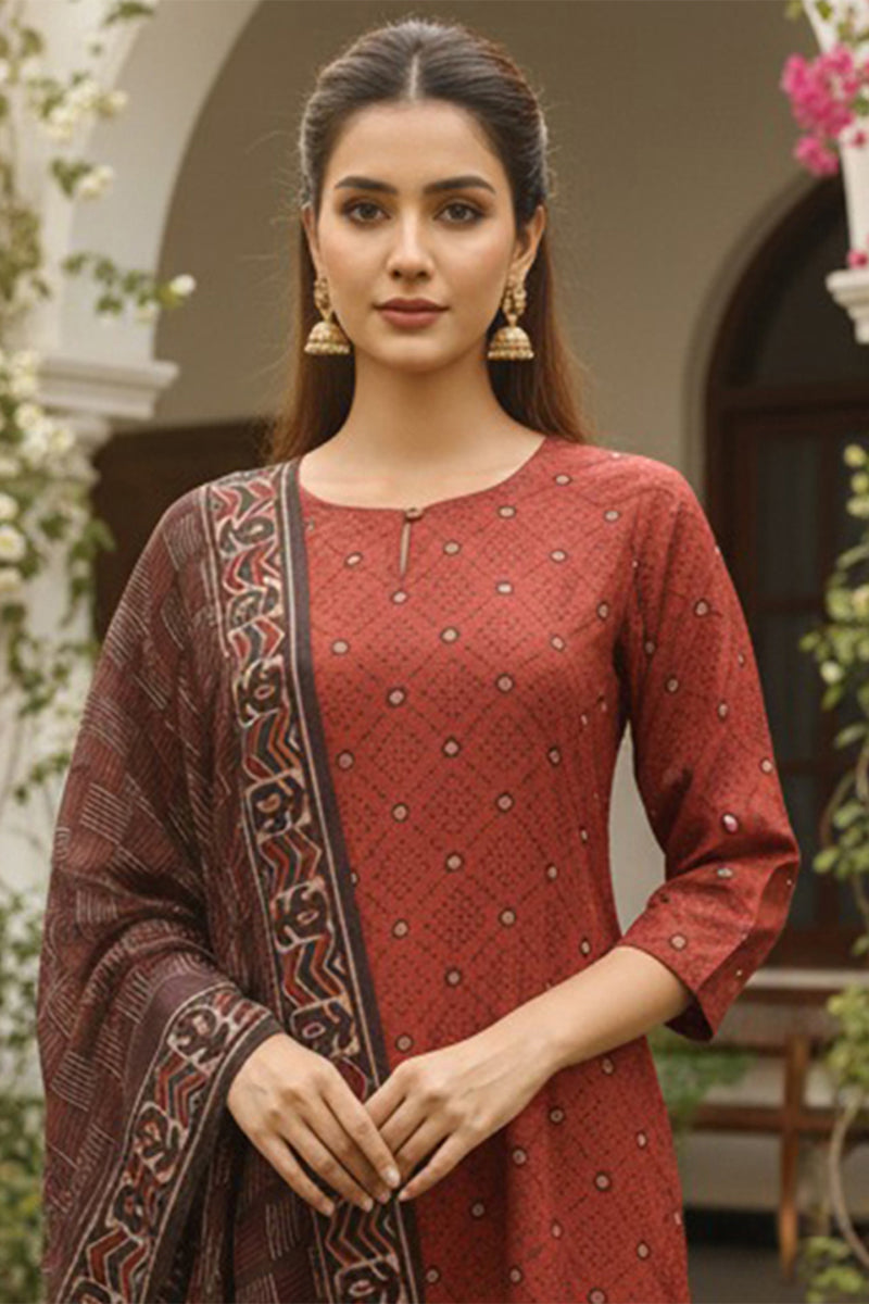 Red Cotton Blend Geometric Printed Straight Kurta Trousers With Dupatta  | SHOBITAM