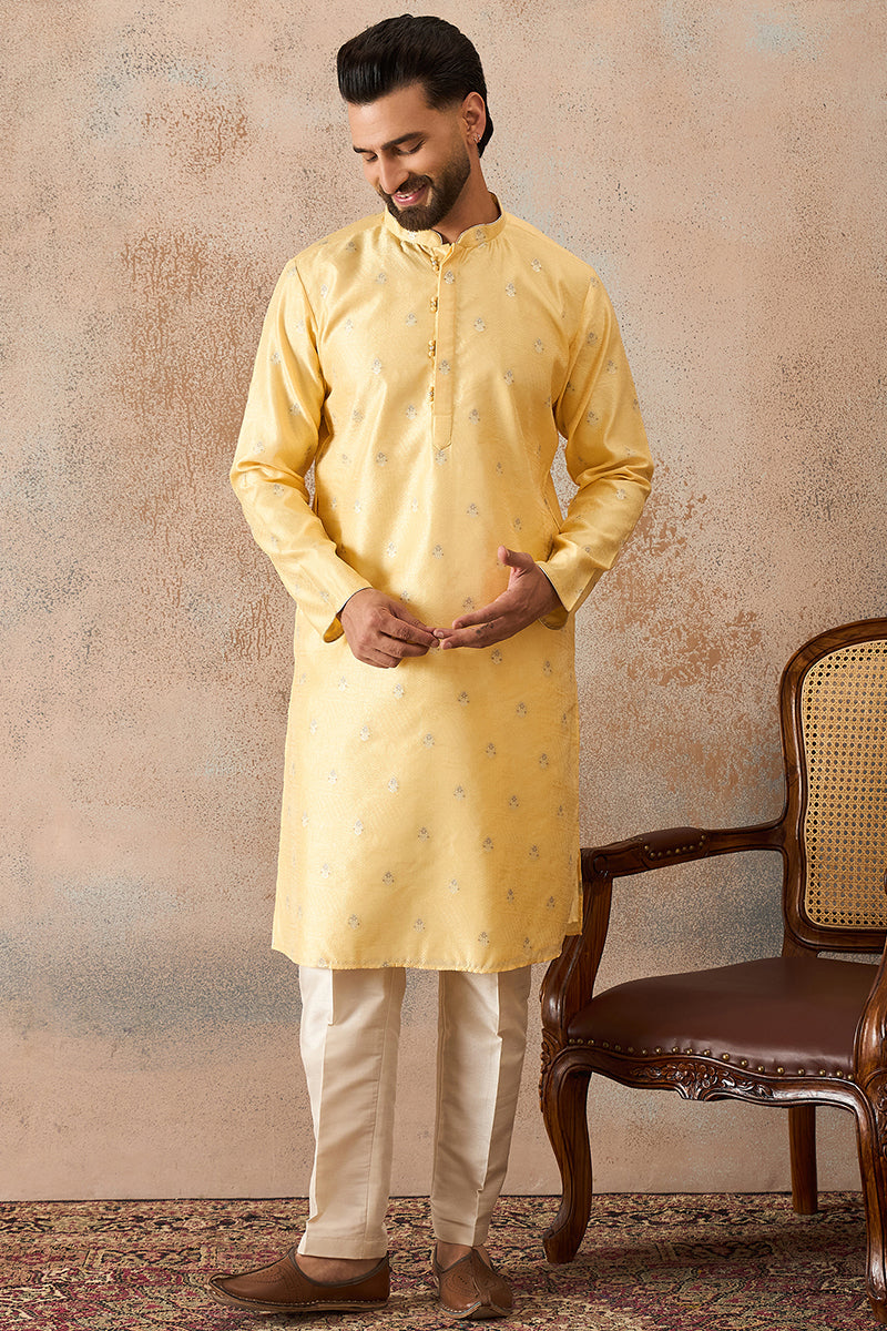 Mens Yellow Silk Blend Floral Straight Kurta With Trouser | SHOBITAM