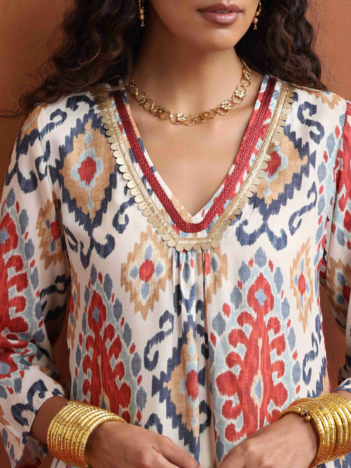 Off White Ikat Print Kurta Set  | SHOBITAM