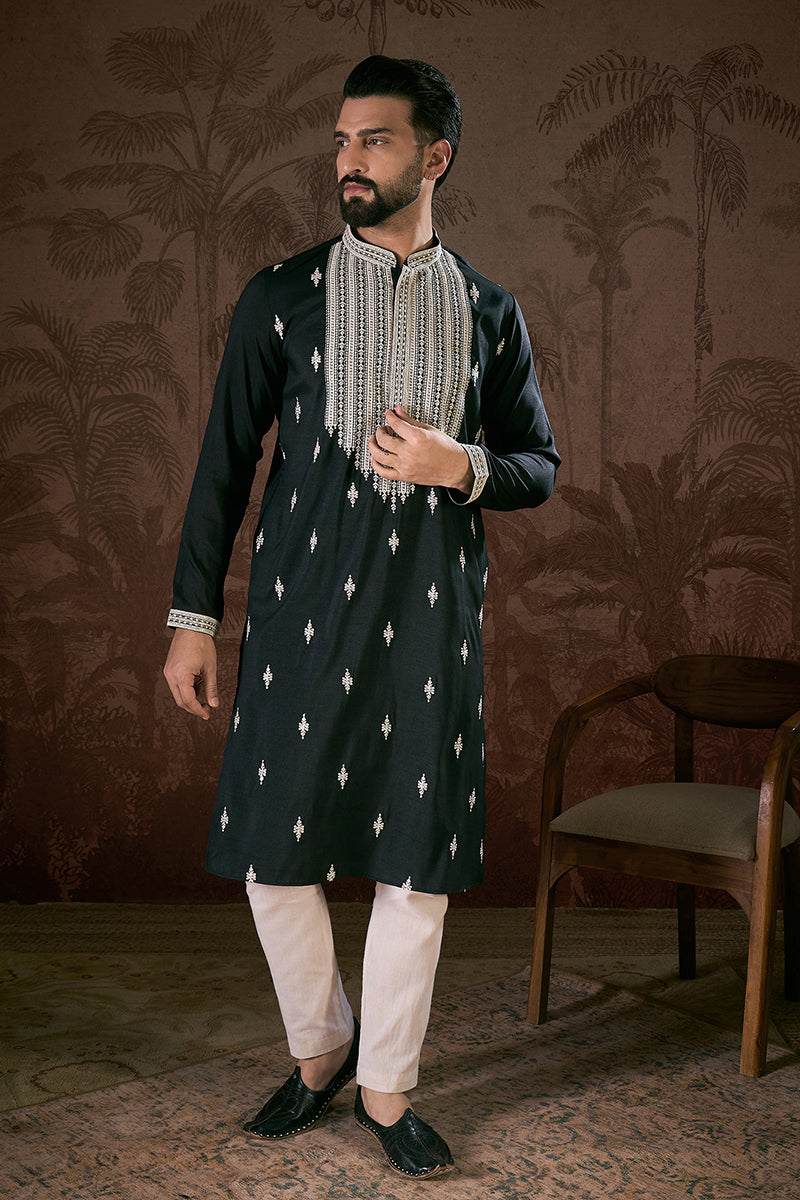 Black Silk Blend Solid Embroidered Straight Kurta For Men | SHOBITAM