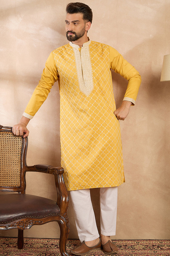 Yellow Silk Blend Embroidered Mandarin Collar Straight Kurta | SHOBITAM