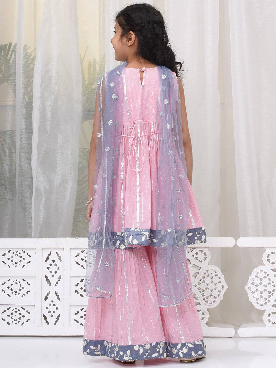 Girls Cotton Sleeveless White Thread Floral Embroidery Kurta Frock with Sharara and Dupatta - Pink | SHOBITAM