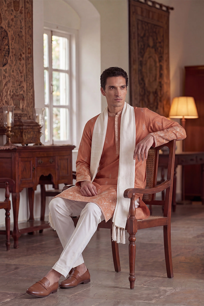 Men Peach Vartican Solid Embroidered Straight Kurta Sets  | SHOBITAM