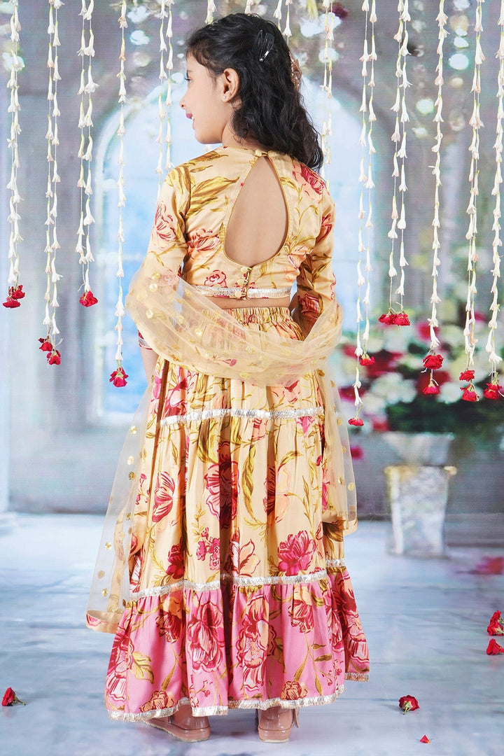 Modern Rose Print Lehenga with Panel and lace work with Blouse and Dupatta | SHOBITAM