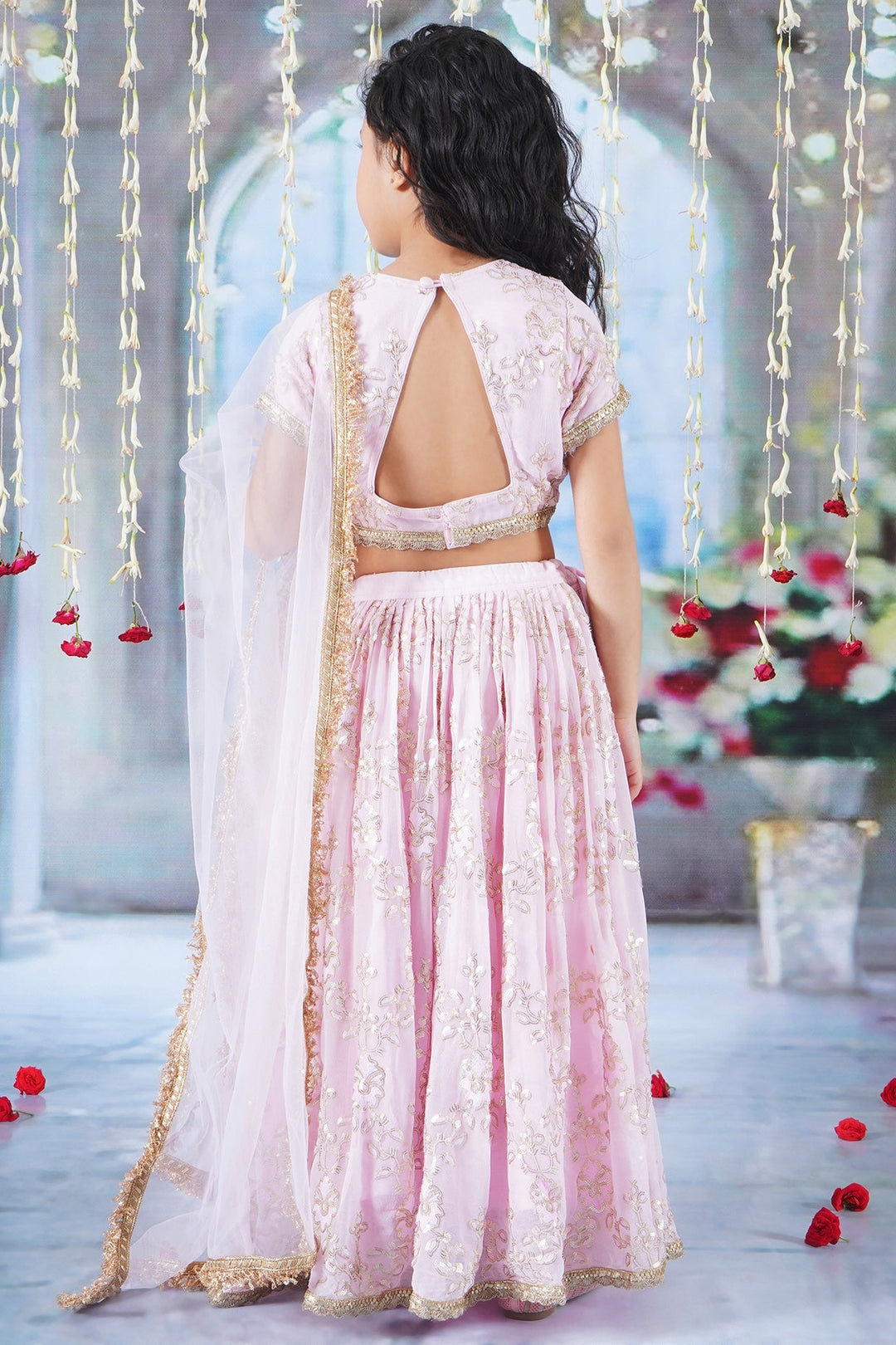 Girls Baby Pink Floral Irish Thread and Sequin work Lehenga with Blouse and Duppata with Matching Potli and Hand made tussel | SHOBITAM
