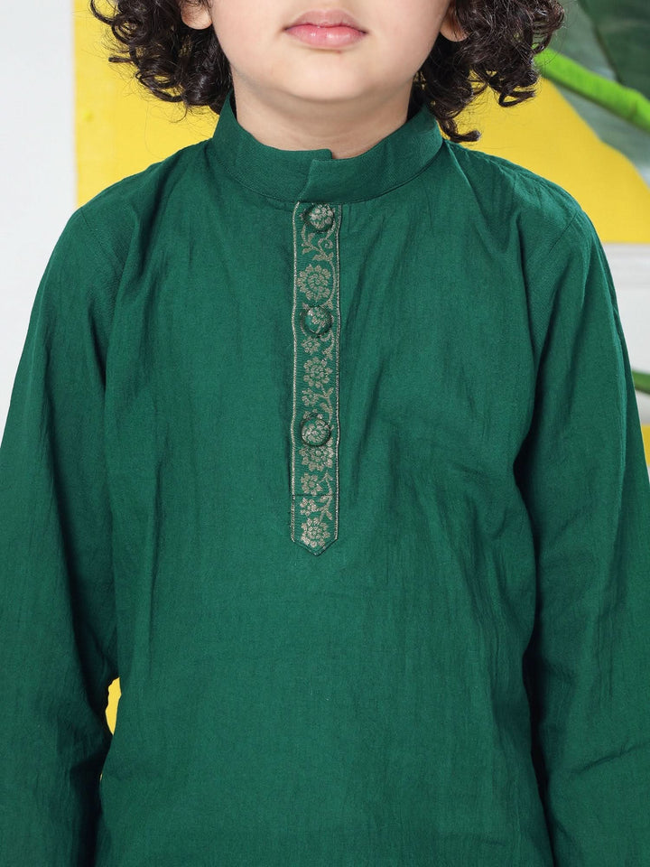 Green Minimal Zari Embroidery Cotton Kurta Dhoti set | SHOBITAM