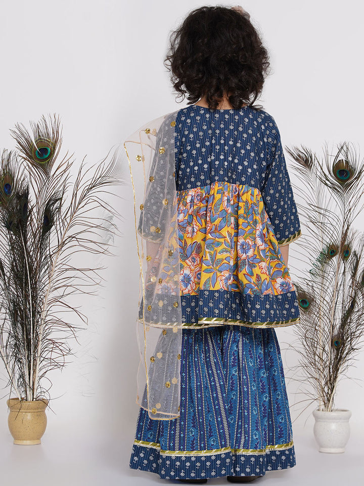 Girls Floral Kurta with Indigo Floral Jacket with Sharara and Dupatta in Blue & Yellow | SHOBITAM
