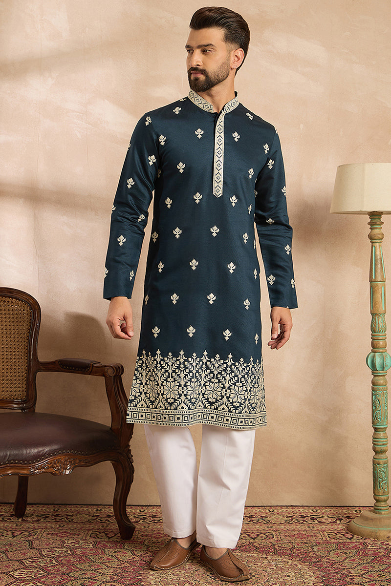 Navy Blue Polyester Solid Embroidered Straight Kurta With Trouser | SHOBITAM