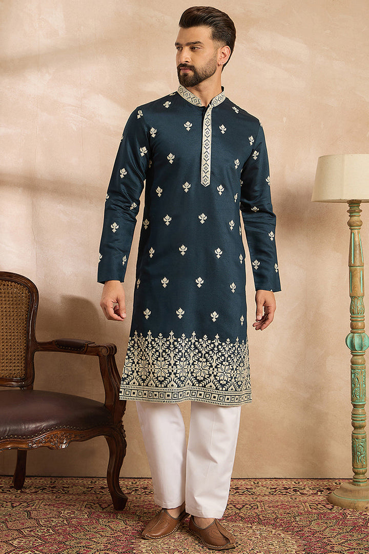 Navy Blue Polyester Solid Embroidered Straight Kurta With Trouser | SHOBITAM