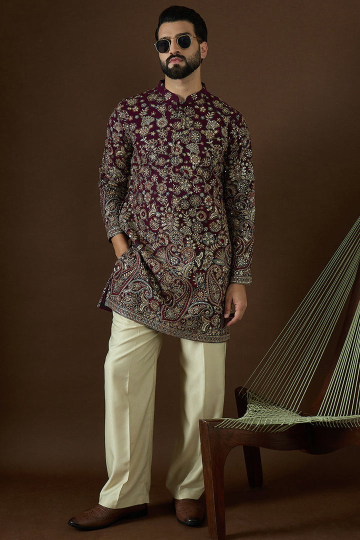Wine Georgette Solid Embroidered Straight Kurta | SHOBITAM