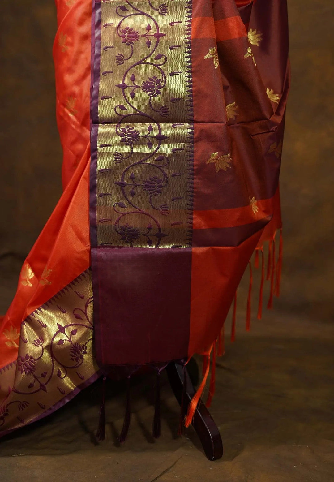 Sunset Orange Semi Silk Kanchi Saree with Paithani Style Borders