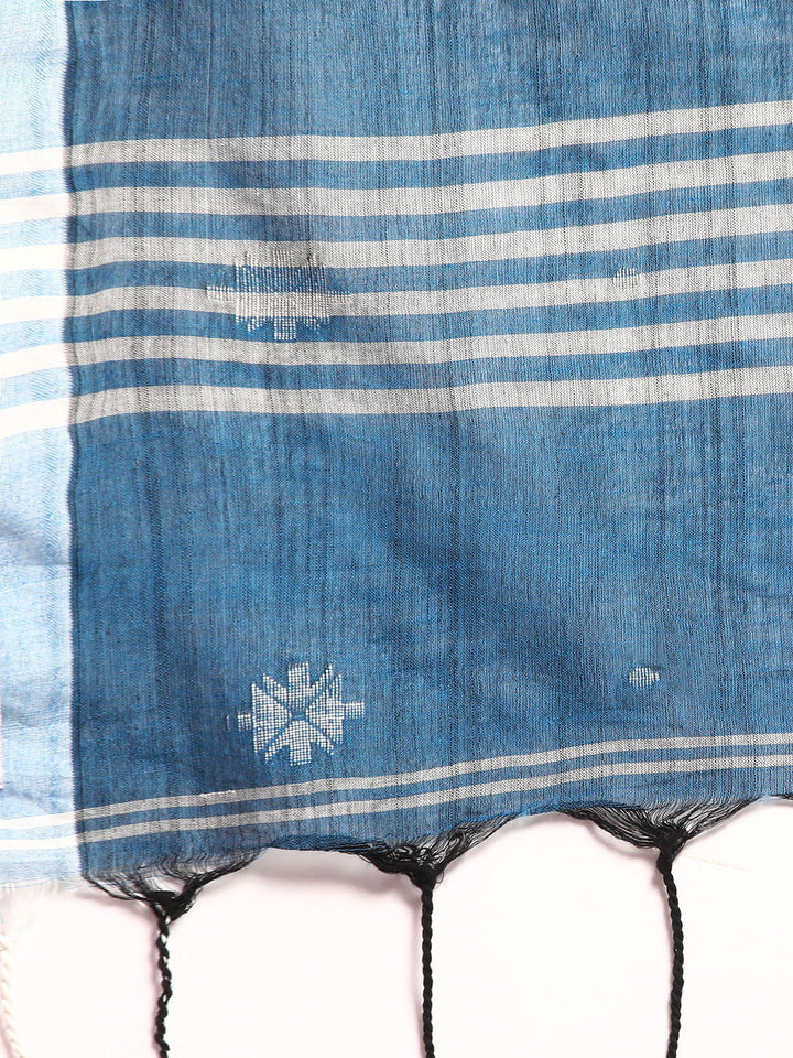 Blue Pure Cotton Saree with Minimal Border and Blouse piece