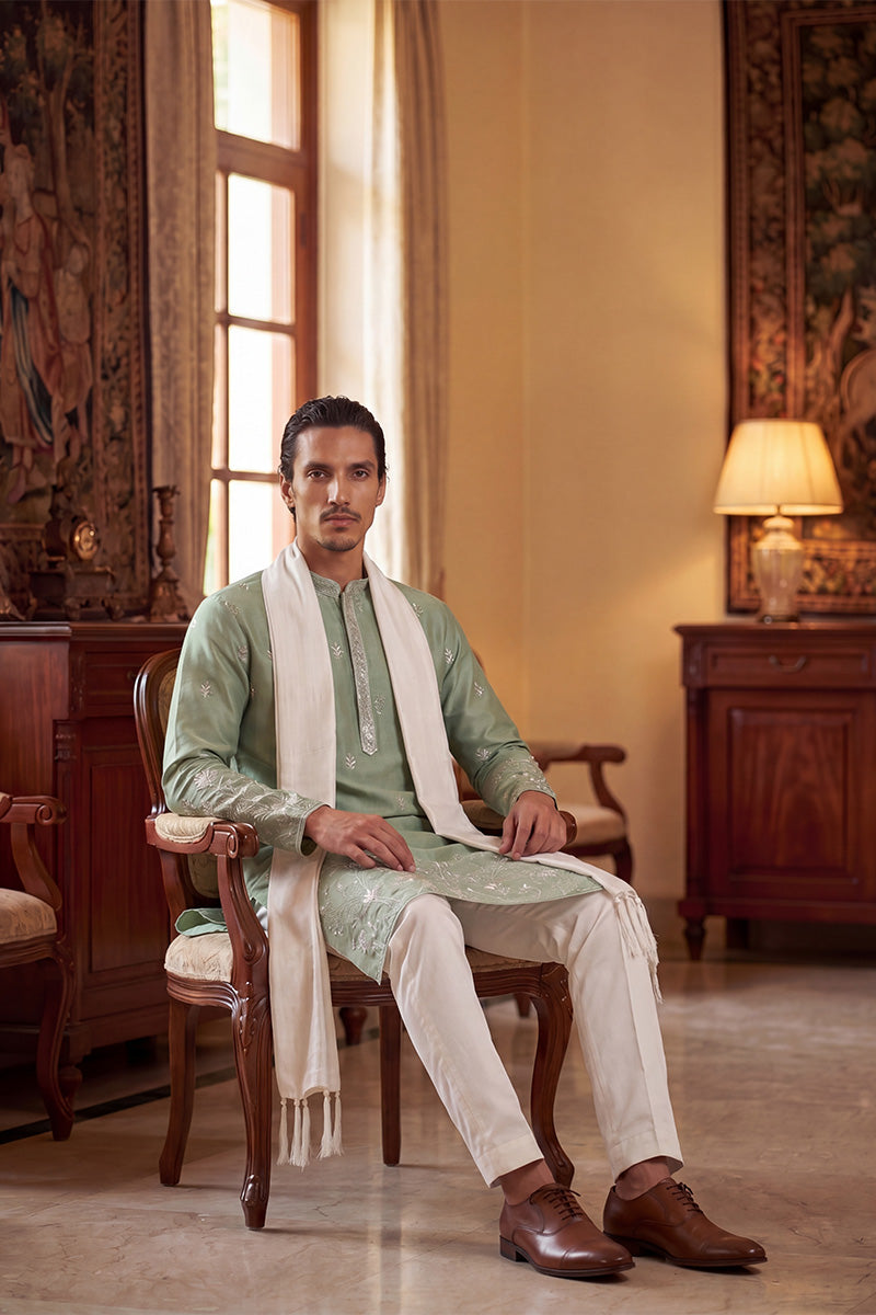 Men Green Silk Blend Solid Embroidered Straight Kurta Sets  | SHOBITAM