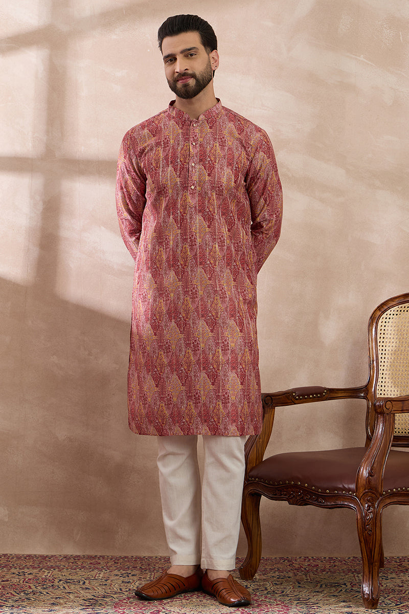 Pink Silk Blend Printed Mandarin Collar Straight Kurta With Trouser | SHOBITAM