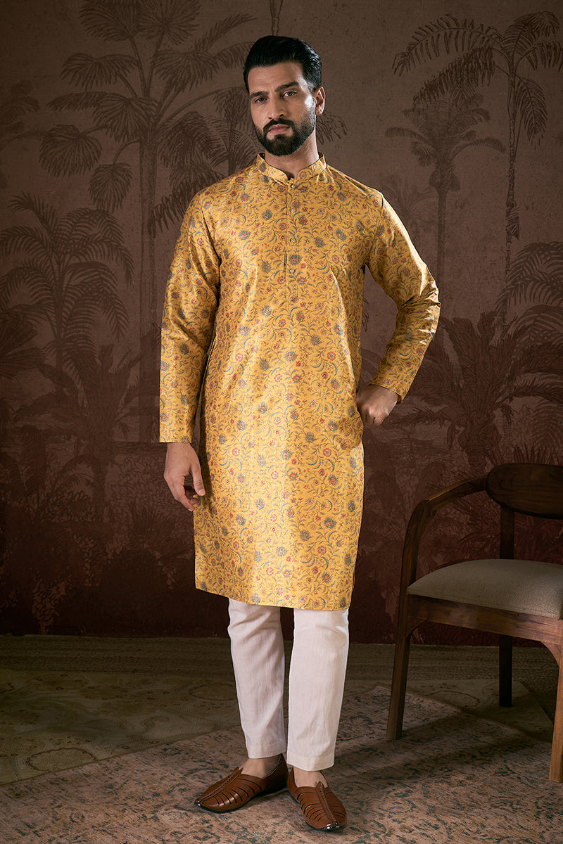 Yellow Silk Blend Floral Printed Straight Kurta With Trouser | SHOBITAM